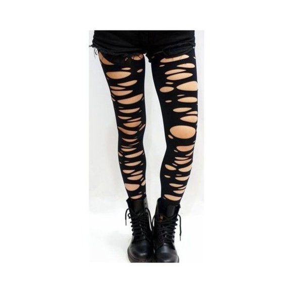 Dolls Kill Pants - Black Goth Distressed Creeper Shredded Leggings